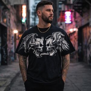 Liquid Blue Gothic Skull Angel Devil Graphic Tee 100% Cotton Men's Shirt Black